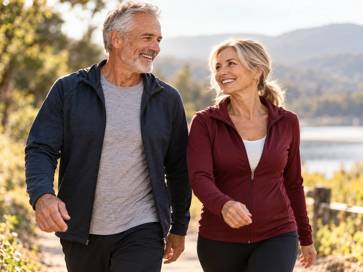 Smiling mature couple walking outdoors as part of a heart-healthy daily routine