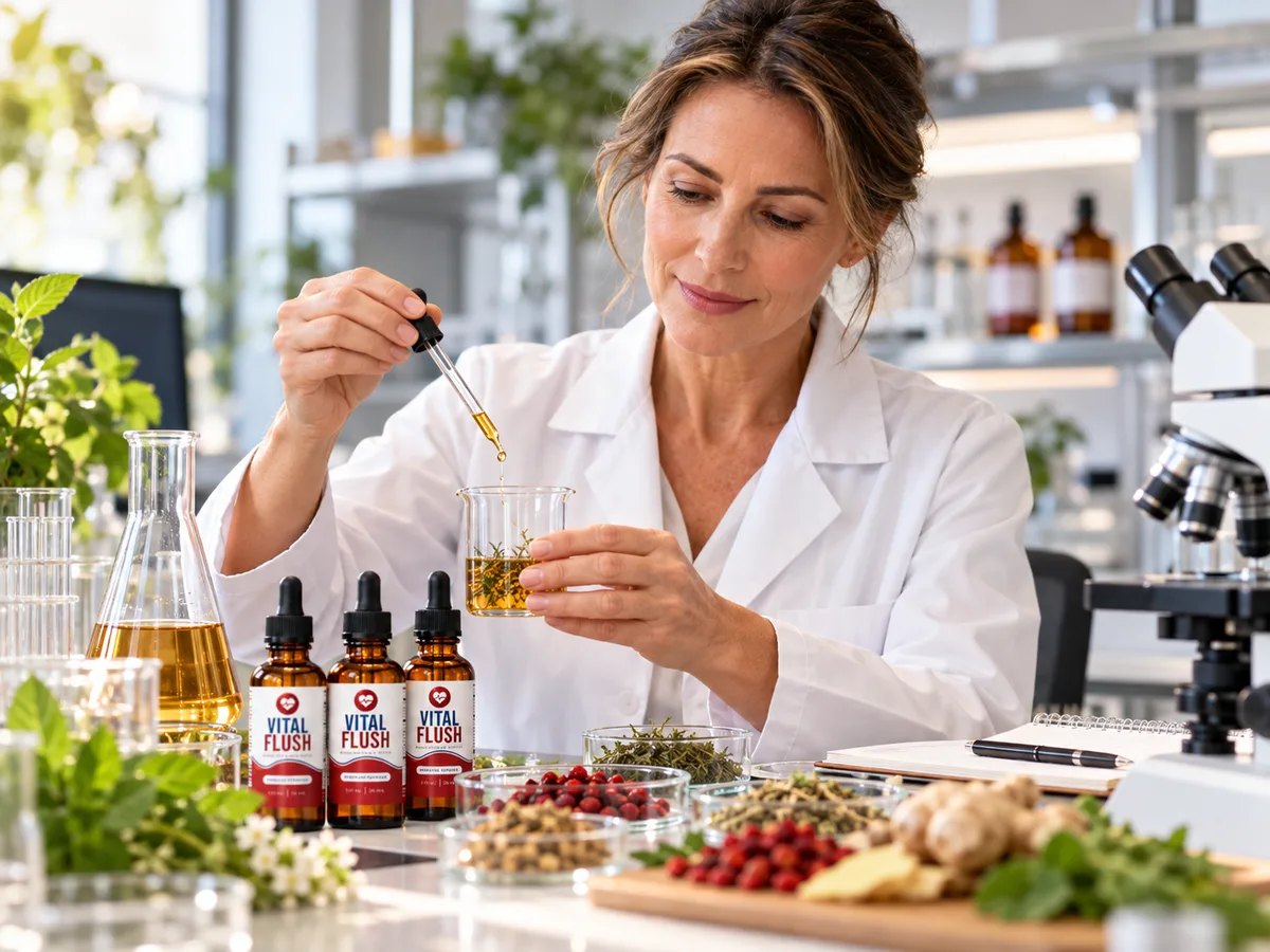 Researcher testing aged garlic extract in a laboratory with Vital Flush bottles