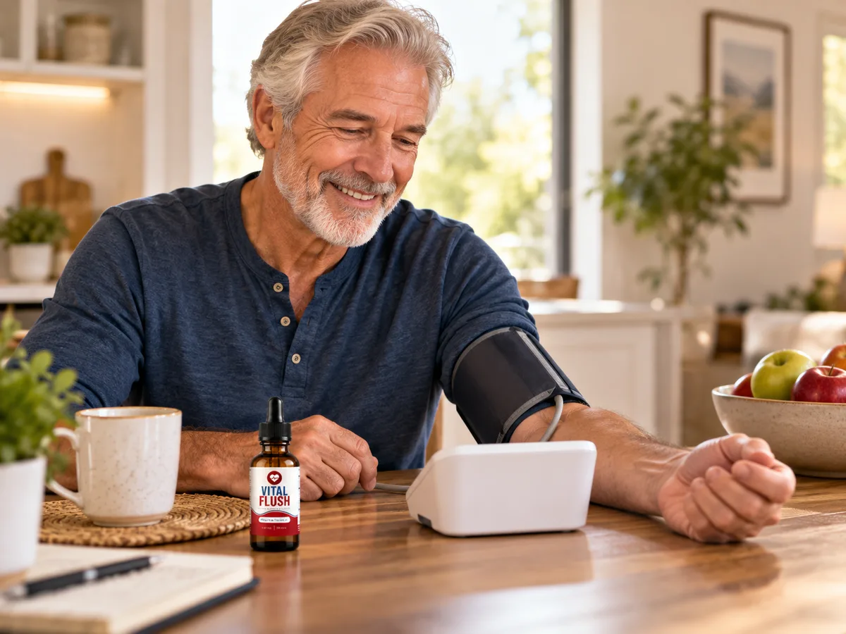 Smiling man checking his blood pressure at home with a bottle of Vital Flush on the table