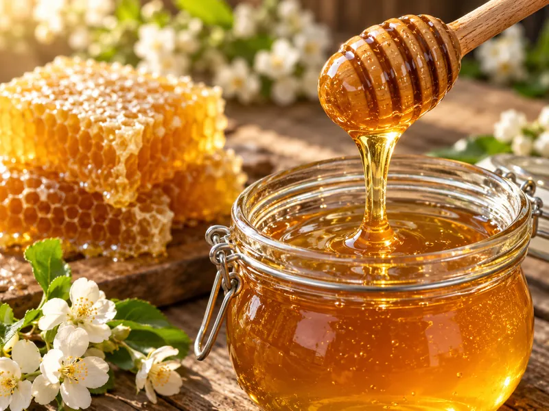 Raw honey dripping from a wooden dipper into a glass jar next to honeycomb